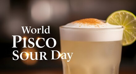 World pisco sour day cocktail close-up with lime garnish and cinnamon dusting drink.