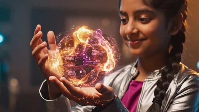 Young Girl Holding Glowing Orb with Futuristic Elements in Dark Environment Silver Jacket Pink Shirt Smiling Face Concept Digital Art