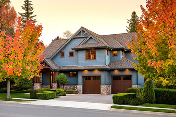 Beautiful blue house with brown garage doors and stone foundation in a suburban neighborhood during autumn  large trees with colorful leaves