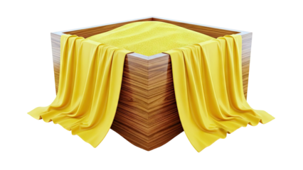 Wooden cube filled with sand and draped with yellow fabric