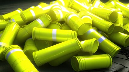 A large pile of bright yellow safety traffic cones with reflective bands stacked together closely