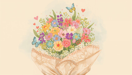 A colorful arrangement of various flowers and butterflies in a beautifully designed vase. The flowers include a mix of roses, daisies, and other colorful blooms, creating a lively and cheerful atmosph