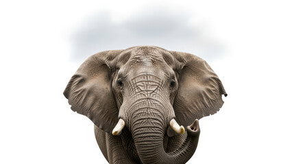 Fototapeta premium Close-up portrait of an elephant with tusks against a cloudy sky background