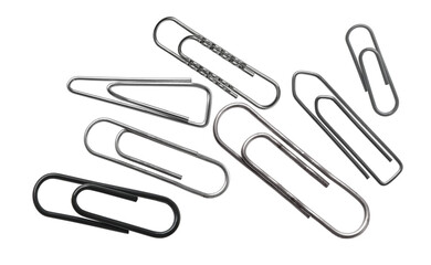 Metal paper clips scattered, holding office stationery together