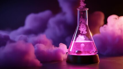 A captivating scene featuring a glowing beaker filled with vibrant pink liquid, surrounded by swirling purple mist, showcasing the magic of chemistry and the allure of experimental science in a - Powered by Adobe
