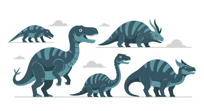 This artwork presents a stylized dinosaur illustration set featuring friendly and simplified prehistoric characters with soft shapes and modern colors. The design is suitable for children content, edu