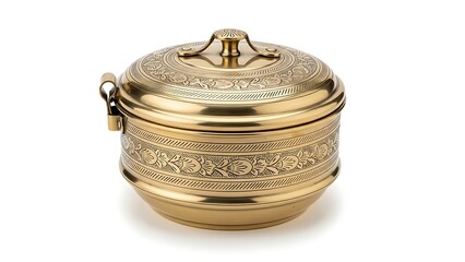 Ornate Engraved Brass Container with Lid and Floral Patterns on White Background