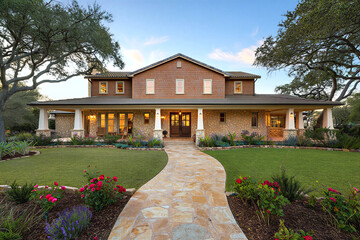 Beautiful large house with stone pathway and garden in front yard on sunny day with blue sky and white clouds