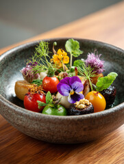 Gourmet vegan dish with edible flowers and small vegetables
