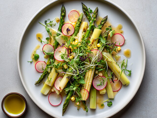 Fresh spring salad with asparagus, baby corn, radishes