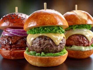 Three gourmet mini cheeseburger sliders on dark background