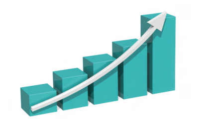 Teal bar chart with white arrow graph isolated on a transparent background