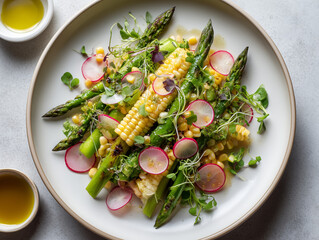 Fresh grilled asparagus corn radish salad with dressing