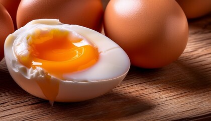 A Close Up Of A Soft Boiled Egg With A Runny Yolk Accompanied By Fresh Brown Eggs On A Rustic Wooden Surface