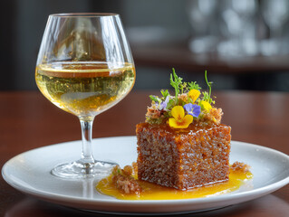 Gourmet dessert with edible flowers and white wine pairing