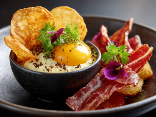 Gourmet breakfast dish featuring raw egg yolk with bacon and chips