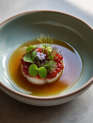 Gourmet dessert plating with fresh berries and edible flowers