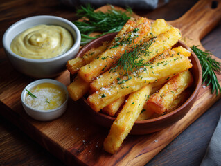 Golden crispy fries with dill and salt
