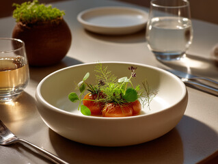 Gourmet appetizer with roasted tomatoes and microgreens on restaurant table