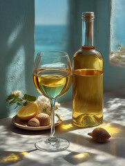 White wine glass and bottle by the sea