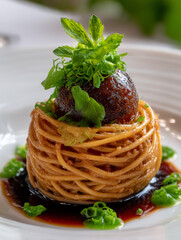 Spaghetti nest with meatball and fresh herbs on elegant plate