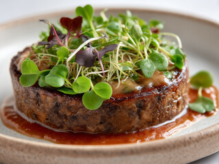 Gourmet plated dish with microgreens and savory sauce