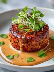 Seared glazed salmon tartare serving with peanut sauce and microgreens