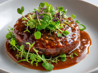 Gourmet salisbury steak with brown gravy and microgreens