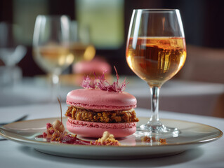 Pink macaron dessert with wine glass on table