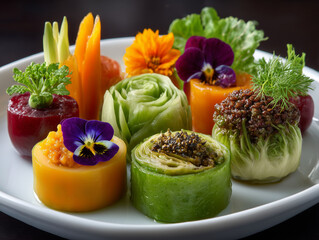 Gourmet vegetable appetizers with edible flowers on white plate