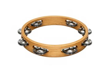 Tambourine with wooden frame and metal jingles, musical percussion instrument for rhythm and celebration, transparent background