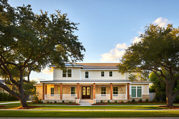 Beautiful large white and beige twostory house with porch and trees on a sunny day with blue sky