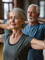Fototapeta premium Senior woman practicing yoga with group in studio