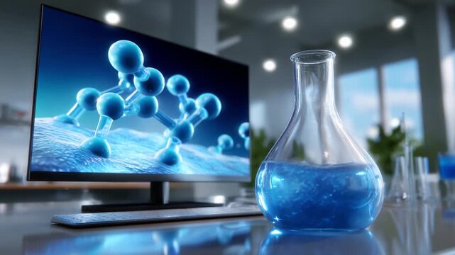 A captivating laboratory scene showcasing a futuristic monitor displaying molecular structures alongside a uniquely designed flask containing vibrant blue liquid, epitomizing scientific innovation and