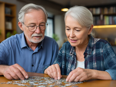 Senior couple solving jigsaw puzzle for cognitive health