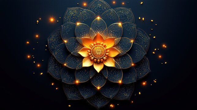 Golden lotus mandala, dark background, festive design, holiday greeting card