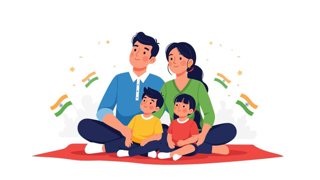 Illustration of a happy Indian family with two children sitting on a red mat celebrating Republic Day with flying Indian flags.