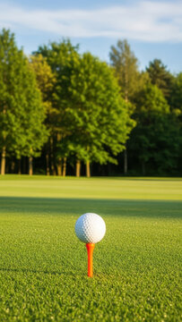 Golf ball on tee in a lush green field