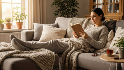Obraz premium Woman Reading a Book on Couch with Warm Beverage
