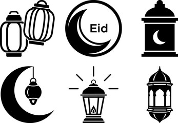Collection of Islamic Festive Icons with Traditional Lanterns Crescent Moon and Eid Celebration Symbols for Ramadan Decorative Designs
