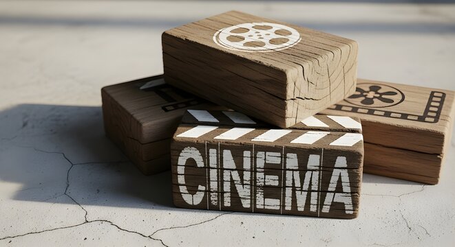 Wooden cinema blocks stacked on a cement background with shadows  