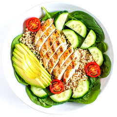 Delicious and healthy salad with grilled chicken avocado tomatoes cucumbers spinach and quinoa on a white plate for a nutritious meal