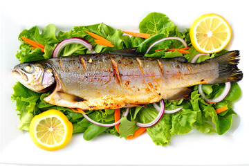 Delicious grilled fish on a bed of fresh green lettuce with lemon slices red onion carrot  a healthy meal option