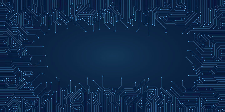 High tech interface featuring blue circuitry network and glowing data connection lines. AI circuit board futuristic background template highlights smart engineering and digital system communication