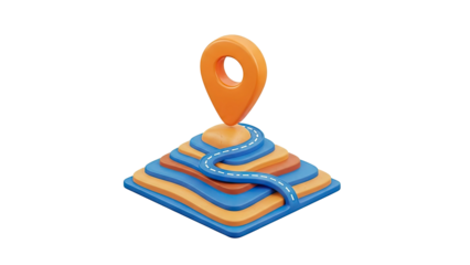 3D Map Pin and Winding Road on Layered Terrain