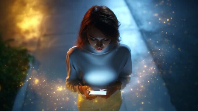 A young woman wearing a stylish white turtleneck stands illuminated by magical, glowing lights while intently focusing on her smartphone in a serene twilight setting, creating an enchanting and modern