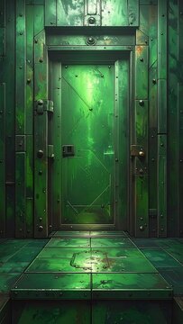 A green-hued, metallic door is the focal point, surrounded by equally colored walls. The environment appears worn and aged