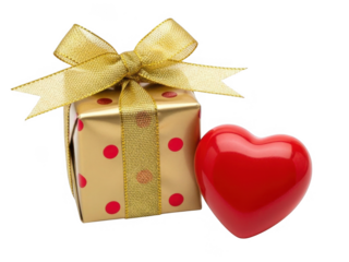 Golden gift box with red heart isolated on transparent background