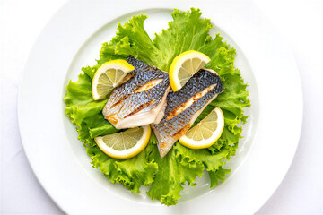 Grilled fish fillet on lettuce leaves with lemon slices on a white plate for a healthy meal  seafood dinner