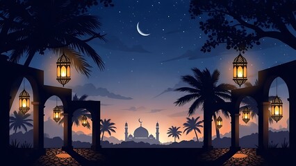 Ramadan Night Scene with Mosque Silhouette, Crescent Moon, Glowing Lanterns, and Palm Trees under Starry Sky.